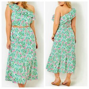 Lilly Pulitzer Kasida Ruffle Set Crop Top Maxi Skirt Botanical Printed NWT 14